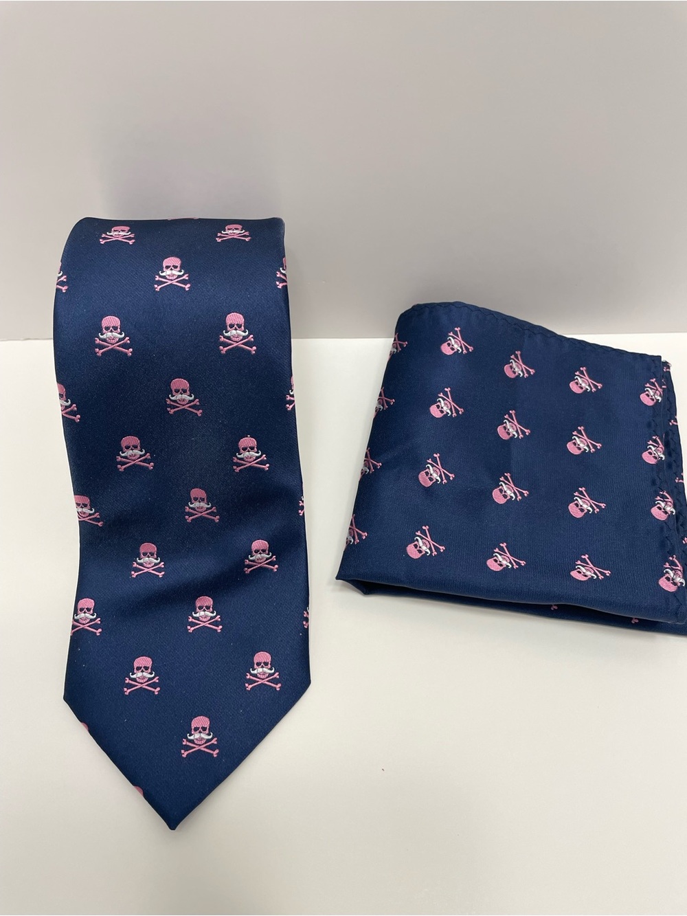 Men's Navy Tie and Pocket Square Set with Pink Skull with Mustache Pattern